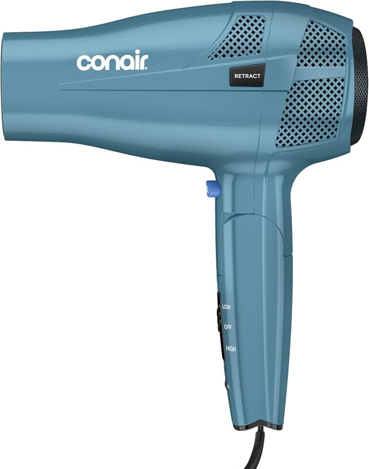 Conair Travel Hair Dryer, Dual Voltage, Folding Handle, 1875W, Blue