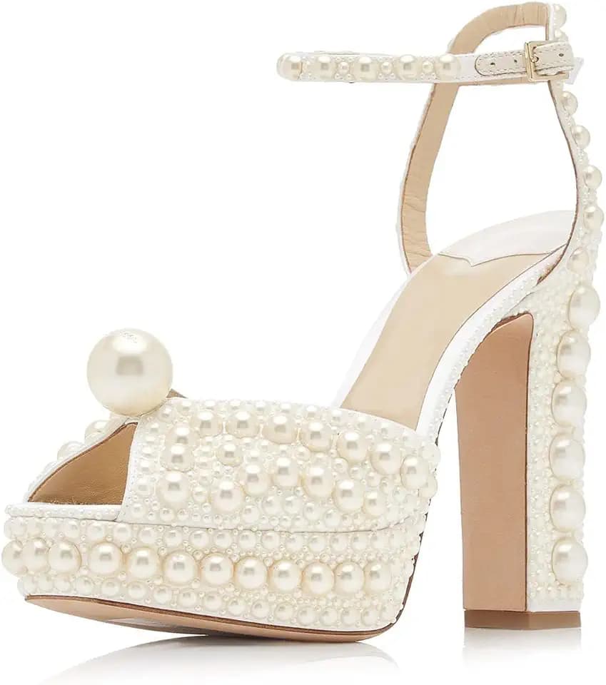Goolita Womens Open Toe Pearl Platform Heels For Women Chunky Buckle Ankle Strap Wedding Heeled Sandals Dress Evening Bride Bridal Shoes