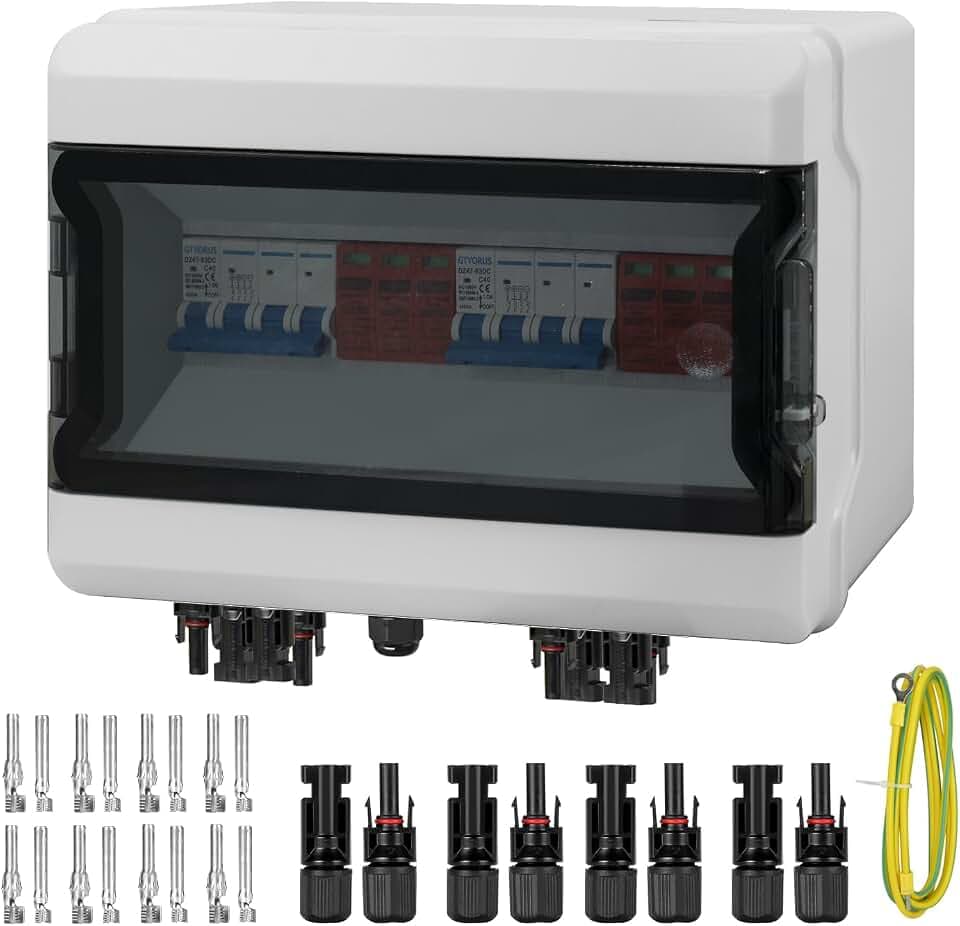 Boîte Photovoltaïque,DC überspannungsschutz PV Solar Trennschalter mit Solarstecker 2 String 1000V Photovoltaik DC Leitungsschutzschalter Blitzschutz Erdung für PV Anlage(2 in 2 out,40A)
