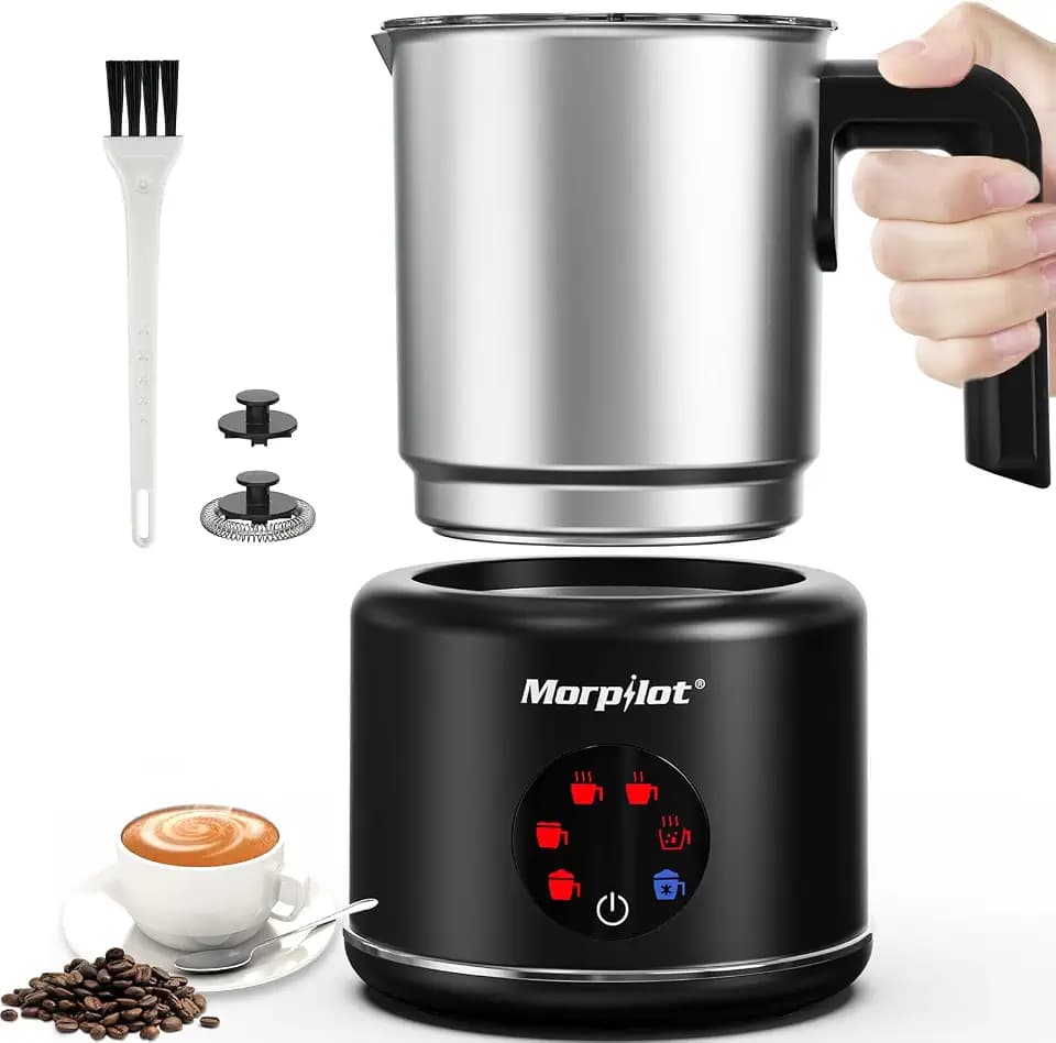 Morpilot Milchaufschäumer Elektrisch, 6 in 1 Milchschäumer für heißer, kalter Milchschaum und heißer Schokolade, 500ml, 600W, Latte-Design, Antihaftbeschichtung, Edelstahl