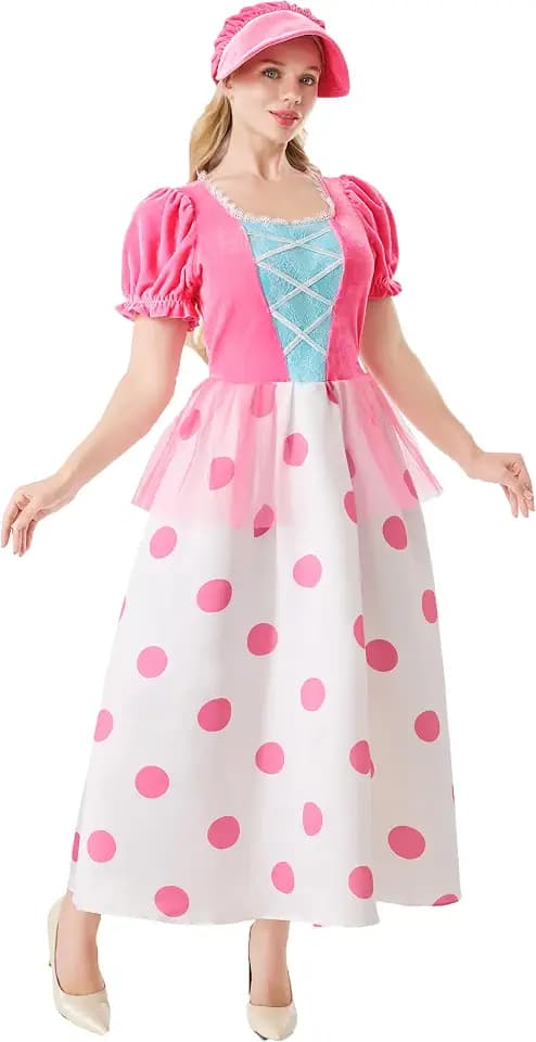 Funna Bo Peep Costume Women Pink Polka Dot Shepherd Halloween Dress with Bonnet