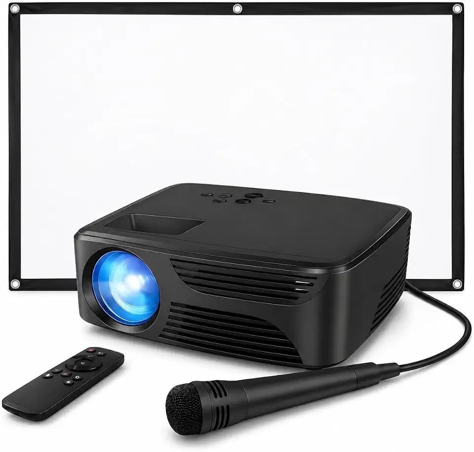 Mini Bluetooth Projector with Screen, Karaoke Microphone & Remote Control | Portable Projector for Bedroom, Outdoor Movie Nights & Camping | Built-In Speaker | HDMI–Works with Firestick & Roku stick