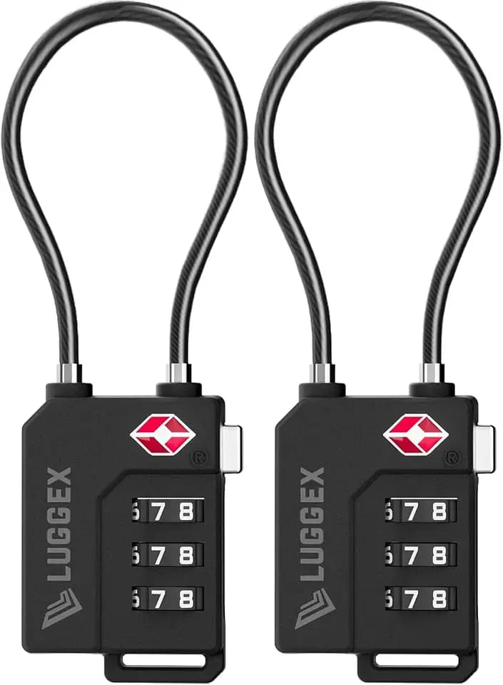 LUGGEX Zahlenschloss, TSA Kofferschloss mit flexiblem Stahlseil, Vorhängeschloss mit Zahlencode für Gepäck, Koffer, Rucksack und Spind, 2er-Pack in Geschenkbox, Schwarz, LLX-Core