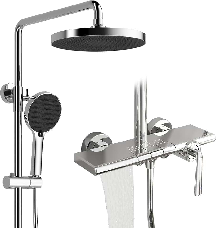Regendusche mit Armatur, RSS0700 Modern Klaviertasten Duschset, 10"/252mm Runden Duschsystem, Handbrause mit 4 Strahlarten und Brausepistole, 59A Kupfer-Mischventil, Höhenverstellbar