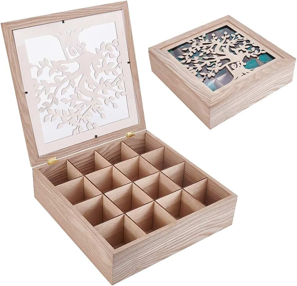 UNICRAFTALE Wood Tea Box Organizer Tan Tea Bags Holder 16 Compartment Hollow Tree of Life Tea Organizer Tea Bag Holder Organizer for Countertop Kitchen Cabinet Pantry 12.6x12.6x3.6 inch