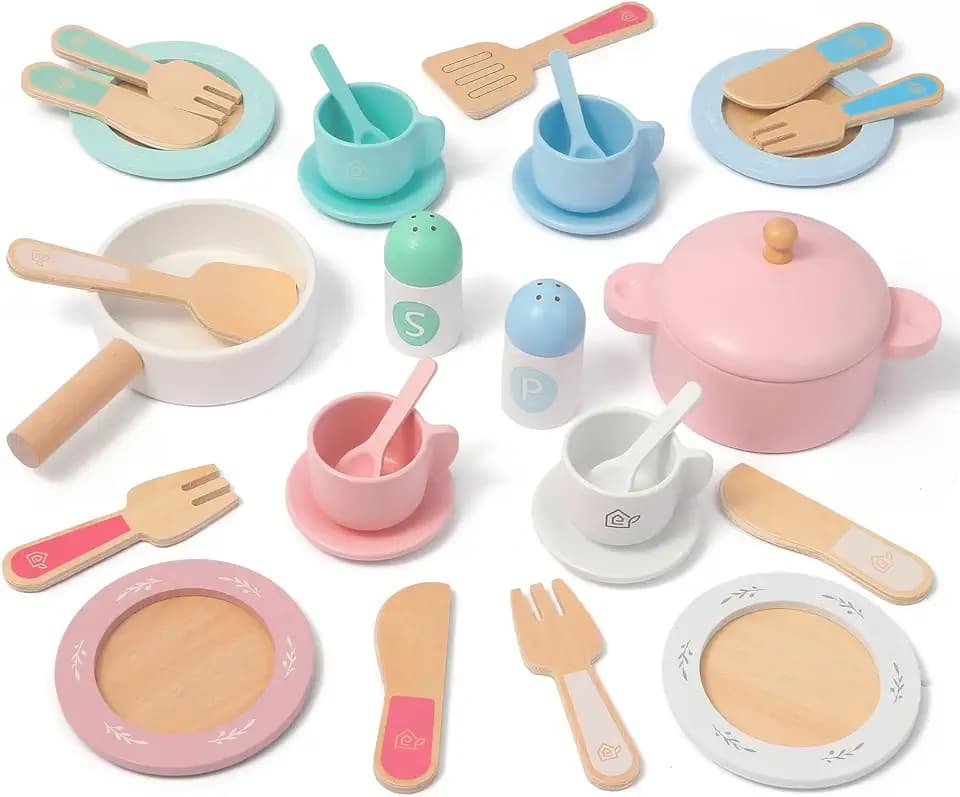 SimpliPlay Holzspielzeug-Teller und -Geschirr für Küchensets, 30-teiliges Montessori-Spielküchenzubehör für Kleinkinder, Holzspielzeug-Kochset für Mädchen und Jungen im Alter von 3 bis 8 Jahren