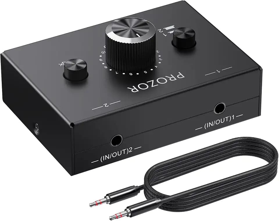 PROZOR 3.5mm Audio Bi-Directional Switcher - 2(1)-in-1(2)-Out 3.5mm Stereo Audio Switch Selector 2 x 1/1 x 2, with Mute Button and No External Power Required