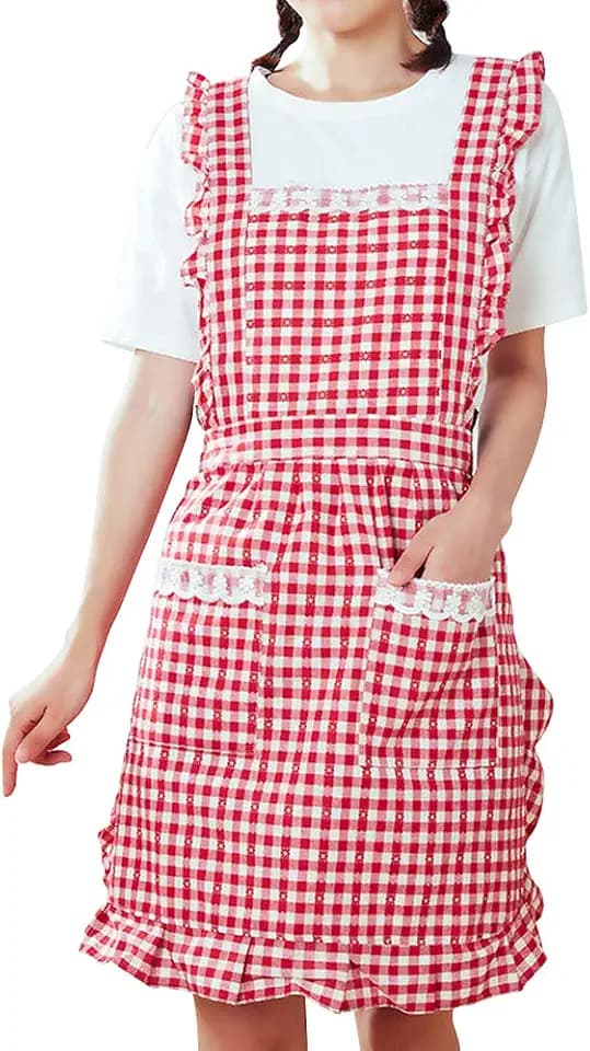 Niedliche Küchenschürzen für Frauen mit Taschen, verstellbare Kochschürze, Damen, Backen, Baumwolle, Rüschen, Schürze, Kleid, zum Backen, Kochen, Mutter, Mädchen, Geburtstagsgeschenk, Rot,