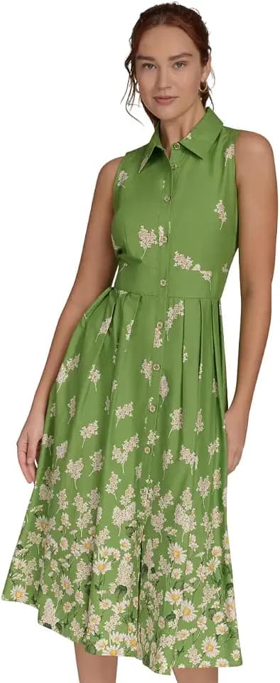 Tommy Hilfiger Women's Sleeveless Collared Front Button A-line Midi Dress