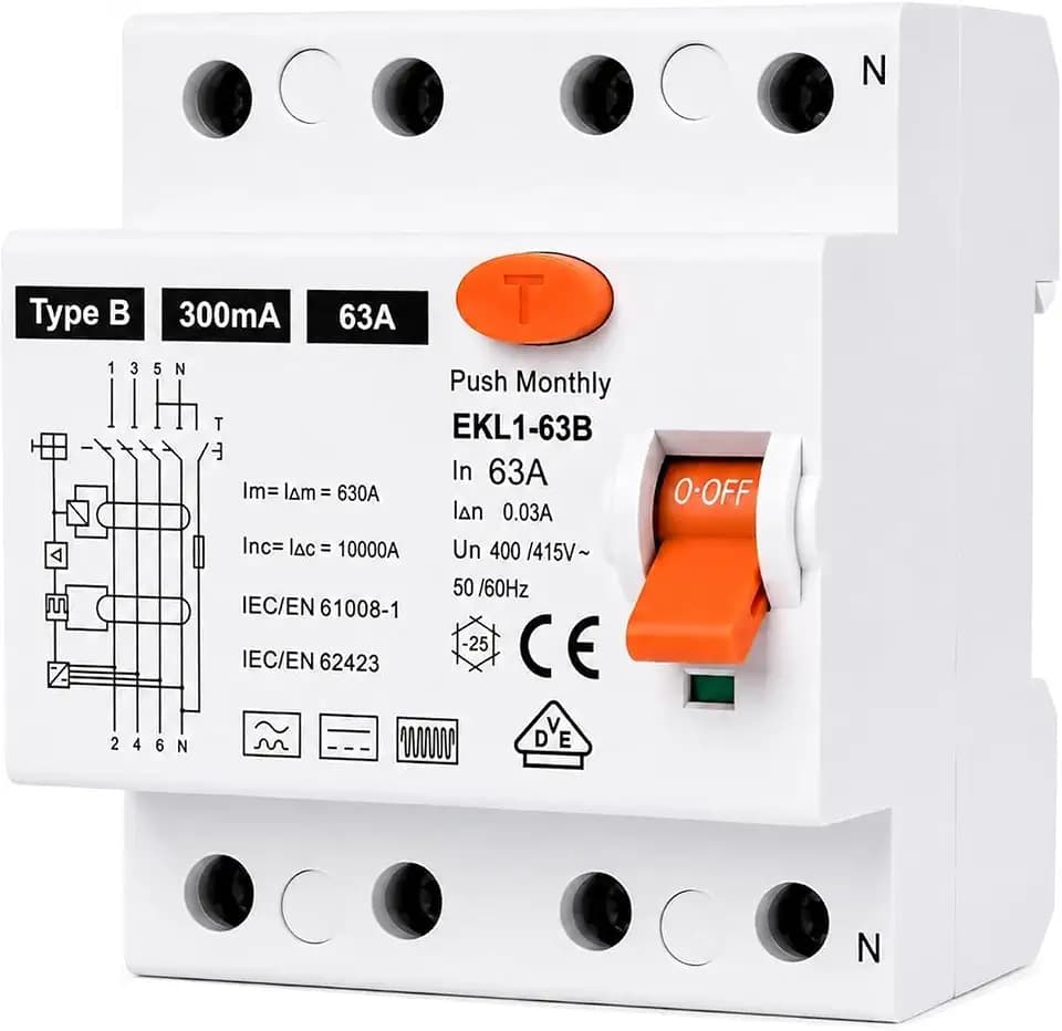 FI Schutzschalter 63A 300mA 4 Polig Typ B | VDE Geprüft | Fehlerstromschutzschalter Allstromsensitiv | Für Wallboxen & Ladestationen | RCD Sicherung