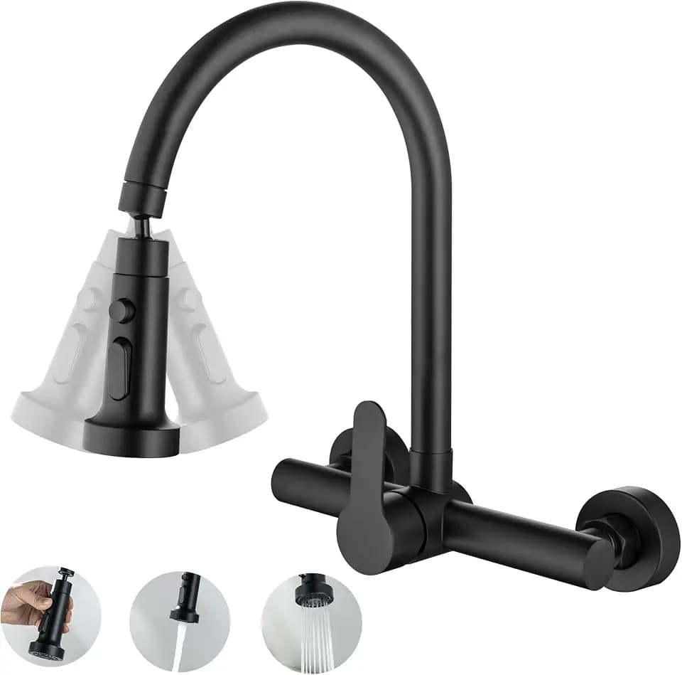 LIWEIKE Wasserhahn Küche Wandmontage Schwarz, 360° Drehbarer Auslauf Wasserhahn Küche Wandmontage mit 2 Strahlarten, Edelstahl 304