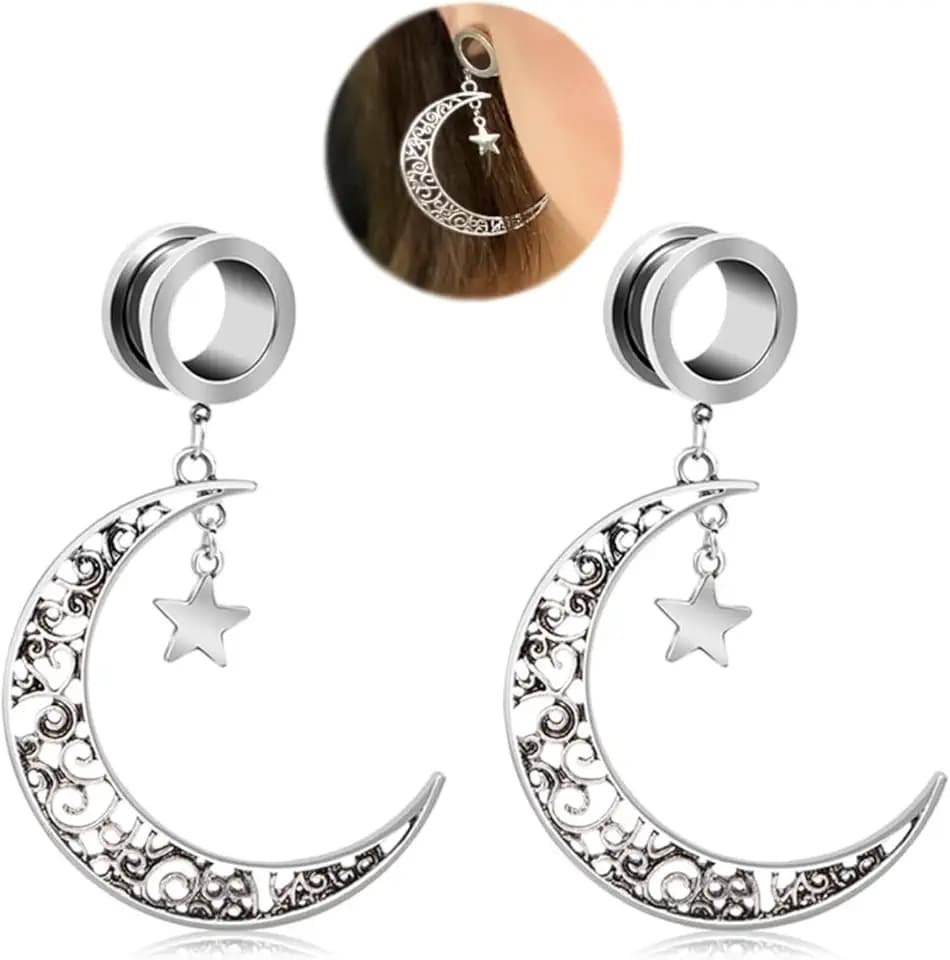 FECTAS Ear Gauge Tunnels Surgical Steel Tunnel Large Moon Dangle Hoop Ear Gauges Stretching Piercing Plugs Jewelry Size 00g