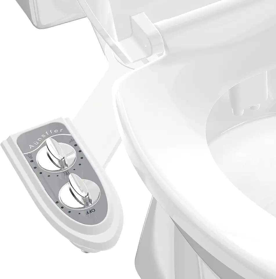 Aünsffer Bidet Attchment for Toilet Grey, Cold Water No-Electric, 3 Wash Modes [Frontal Wash + Rear Wash + Self-Cleaning]，Dual Nozzles Water Pressure Adjustable, Grey