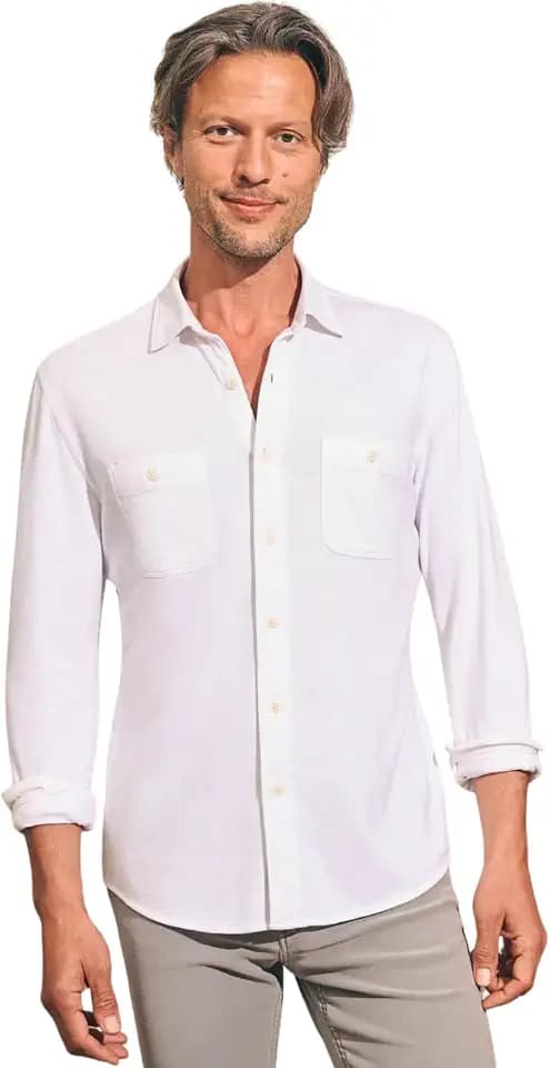 Faherty Men's Sunwashed Knit Shirt (Double Pocket), White, M