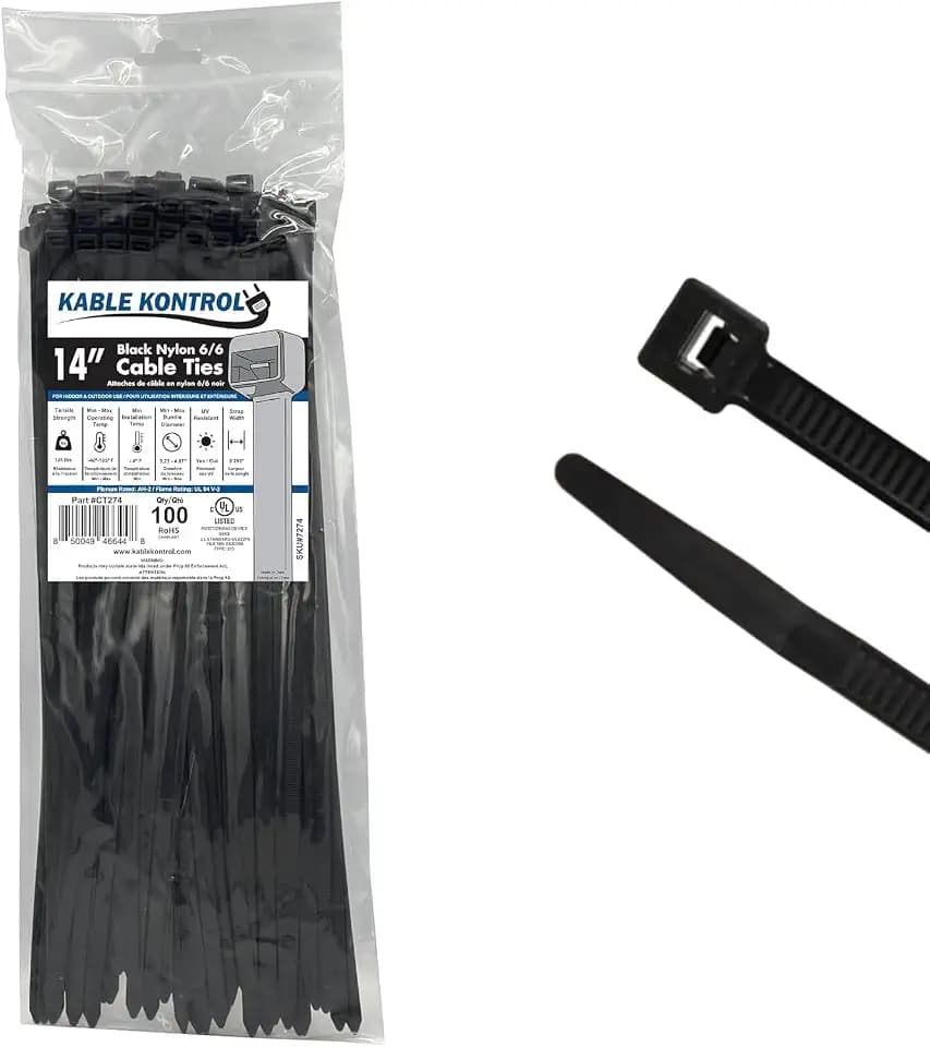 Kable Kontrol Cable Zip Ties, 14 Inch, 100 Pcs, HD 120lbs Test, Black