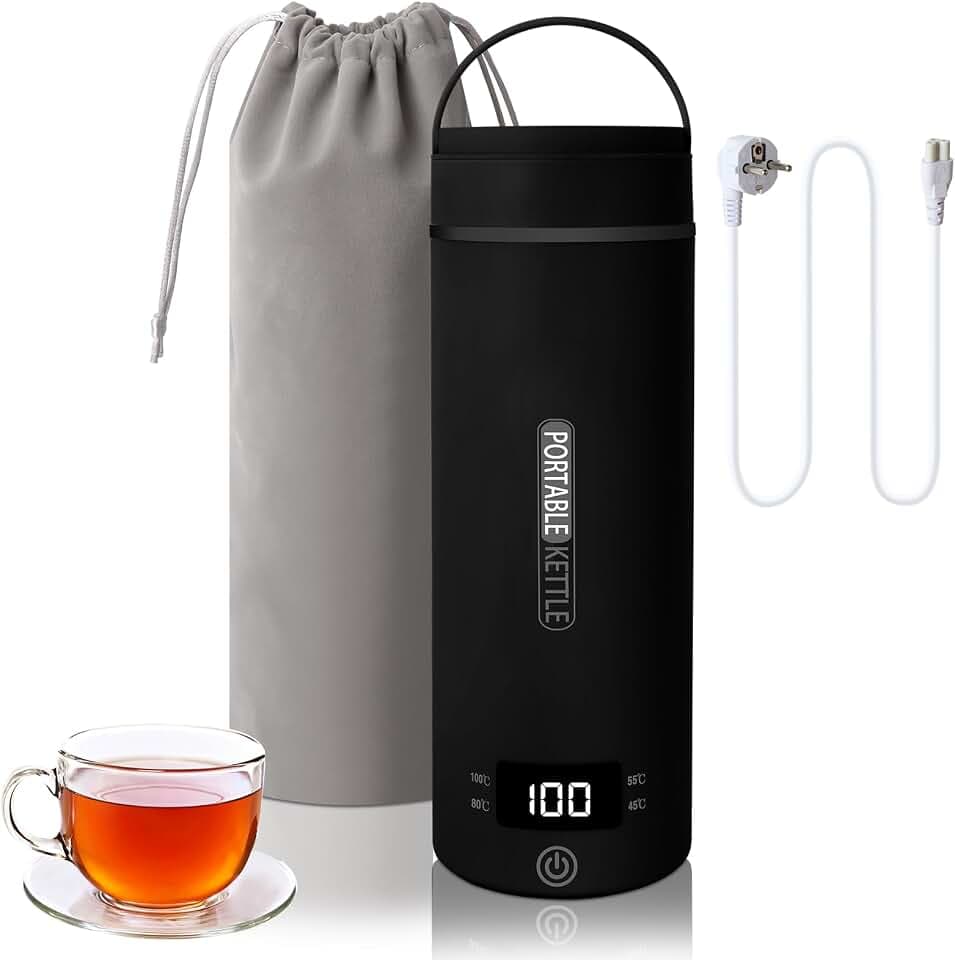 Reise Wasserkocher Klein Elektrische, 300W Tragbarer Wasserkocher Mini Wassertasse Edelstahl 316, Heizung Automatisch Abschalten,mit Umkehrbarem Deckel für Tee (Schwarz, 400ML)
