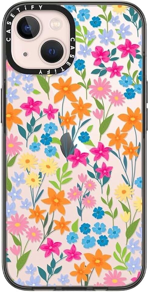 CASETiFY Kompakte Schutzhülle für iPhone 13, 1,2 m, 2 x Fallschutz in Militärqualität, schlank, leicht, helle Frühlingsblumen, transparentes Schwarz