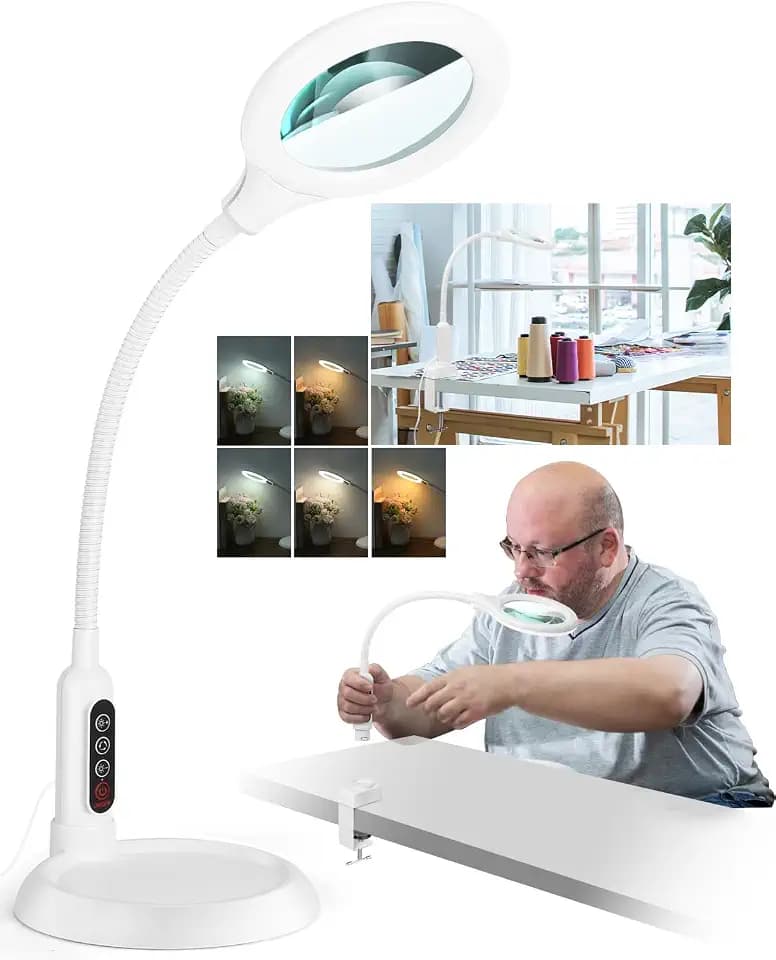 12X Magnifying Glass with Light and Stand, Real Glass, LED 5 Color Modes, Brightness Stepless Dimming Lighted Magnifier Hands Free, Flexible Gooseneck Desk Lamp with Clamp for Close Work, Craft, White