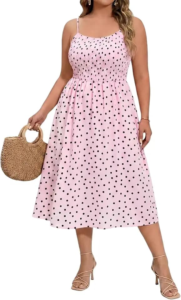 Beautife Women's Plus Size Midi Dress Summer Polka Dot Square Neck Sleeveless Party Club Long Dresses