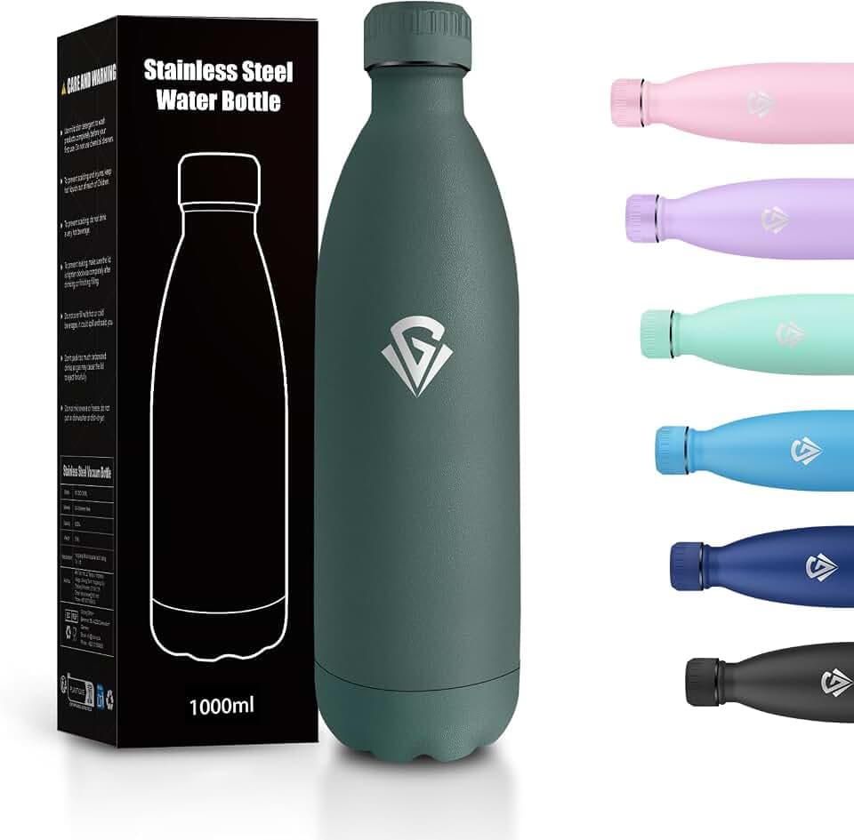 Isolierflasche 1L, Trinkflasche Thermo BPA-frei, Wasserflasche Auslaufsicher, Thermosflasche Auslaufsicher, Vakuum Doppelwandig, Wasserflasche für Schule, Outdoor, Fahrrad, Reisen, Büro, Sport