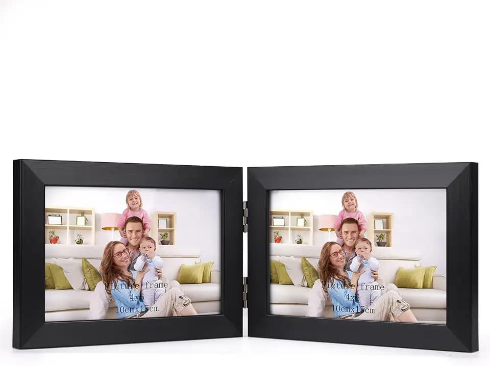 Giftgarden 4x6 Double Picture Frame with HD Plexiglass Display Horizontal 4 by 6 Photo, Hinged Folding Frame for Tabletop Standing, Black