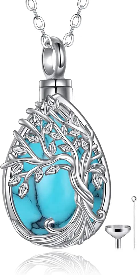 YAFEINI Urnen Ketten Mit Lebensbaum für Asche Sterling Silber Tropfenform Türkis Lebensbaum Einäscherungs Schmuck für Asche Erinnerungs Schmuck für Damen und Herren
