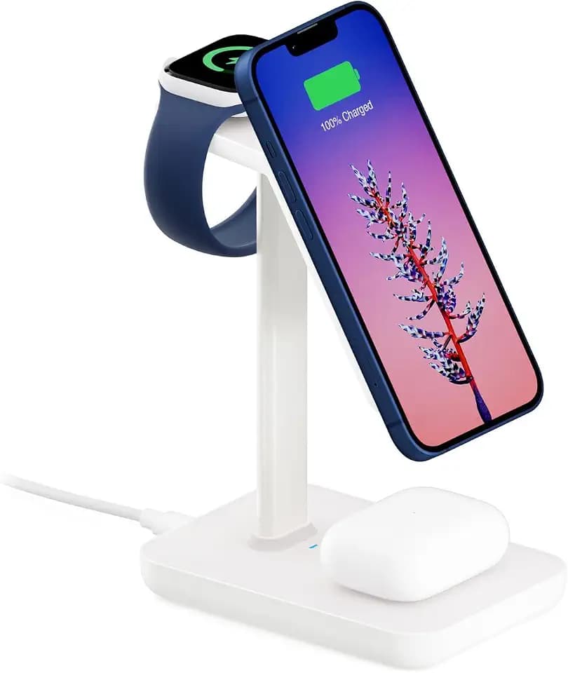 Twelve South HiRise 3 | 3-in-1 Magnetic Charging Station for MagSafe iPhones, AirPods and Apple Watch + 5 ft USB-C Cable (White)