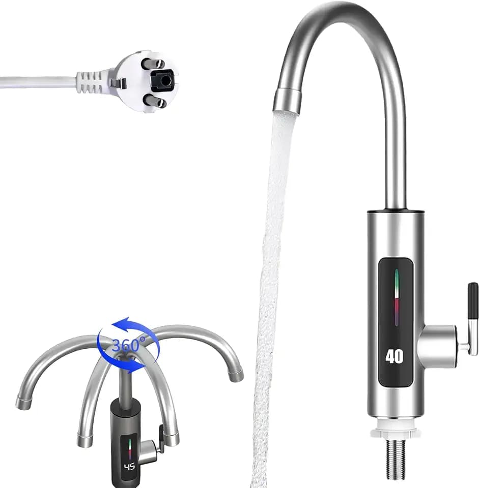 Wasserhahn mit Durchlauferhitzer, Elektrischer Durchlauferhitzer Wasserhahn, 360 ° Drehbarer, Edelstahl Wasserhahn Küche mit LED Temperaturanzeige, für Küche Garten Camping(220V 3000W, EU Stecker)