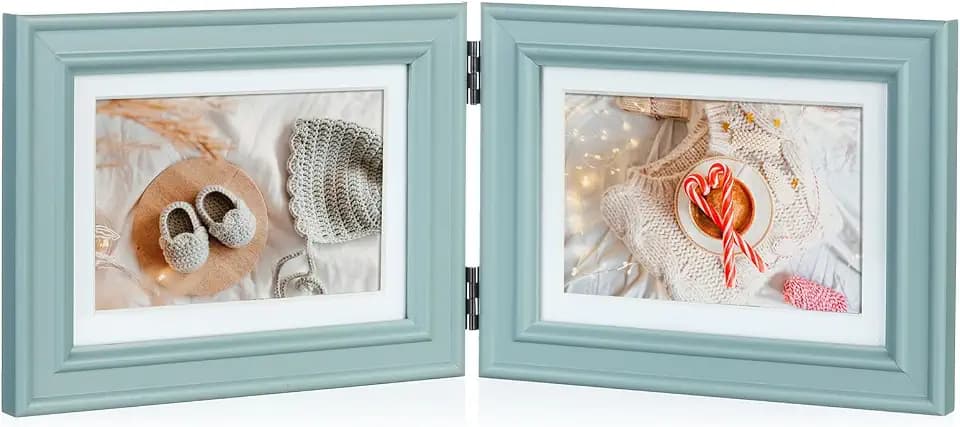 5x7 Double Horizontal Hinged Wood Picture Frame Folding Photo Frame with Real Glass Front in Teal Blue for Tabletop, Display 4x6 with Mat or 5x7 without Mat X3-LAN-2H57