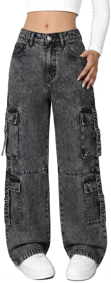 Girls Baggy Cargo Jeans, Y2K Straight Leg Denim Pants for 8-16, Elastic Waist Multi-Pocket Streetwear Trousers