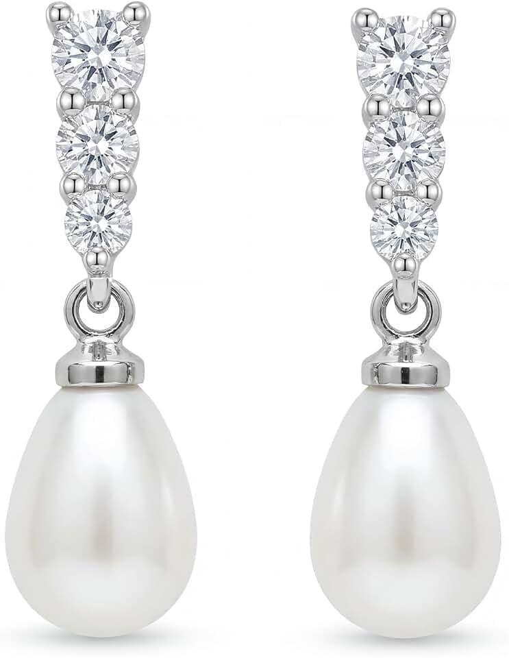SWEETV Silver Pearl Drop Dangle Earrings for Women, Pearl Dangling Wedding Bridal Earrings for Brides Bridesmaids,Prom Formal Jewelry Gifts