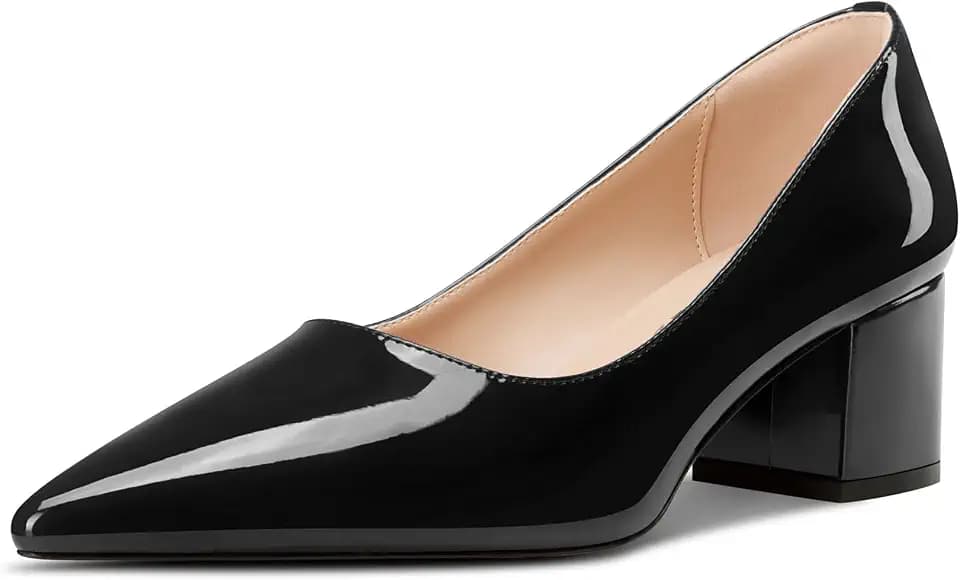Aachcol Womens Chunky Block Mid Heel Pumps Pointed Toe Slip-on Office Party Dress Patent Leather Shoes 2.0 Inches Heels