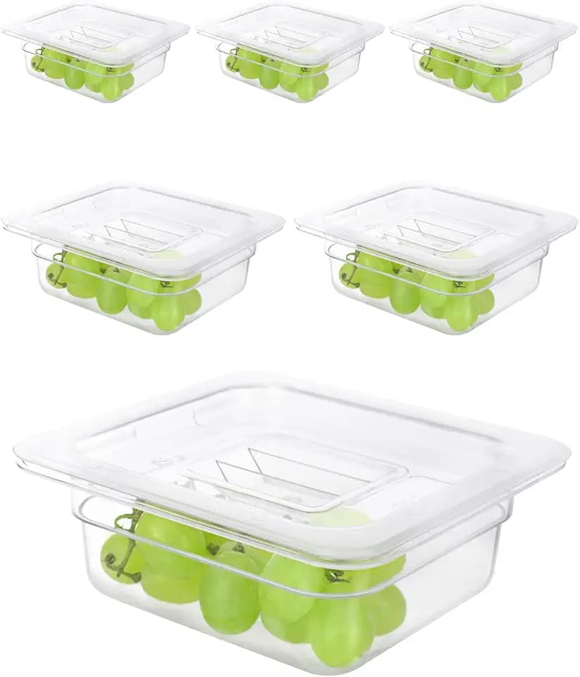 6 Pack Food Pan with Lids,1/6 Size Shatterproof Stackable Plastic Hotel Food Pan for Party, Catering, Home kitchens Meal Prep,-40°F to 212°F (1.1QT(1.1L), 1/6 size 2.5" deep)