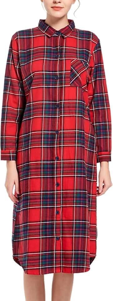 Dreamskull Langes Nachthemd für Damen, Baumwolle, klassisch, kariert, Flanell, langärmelig, Nachthemd, Button-Down, Boyfriend-Schlafshirt für Damen, lockeres Nachthemd, gemütlich, dick, Winter, Herbst