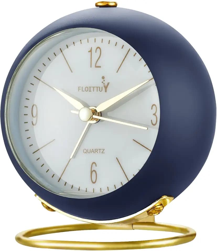 FLOITTUY Silent Table Analog Alarm Clock No Ticking, Lighted on Demand and Battery Operated, Beep Sounds, Small Desk Clock(Navy Blue)