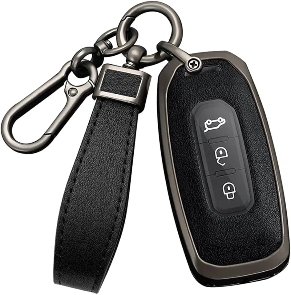 Smart 3 Button Key Case Cover for Ford Territory Accessories with Keychains Alloy PU Leather Material Key Fob Cover for Ford Territory EV Car Key Holder-Black Black