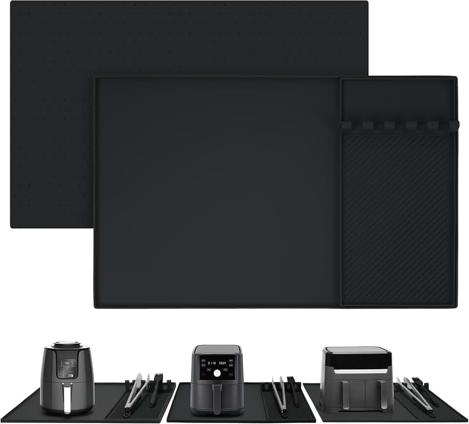 Boribim 24x16 Inch Silicone Mat for Kitchen Counter, Heat Resistant Mat for Countertop - Kitchen Countertop Organizers and Storage Essentials - Air Fryer Mat for Microwave, Oven, Coffee Maker (Black)