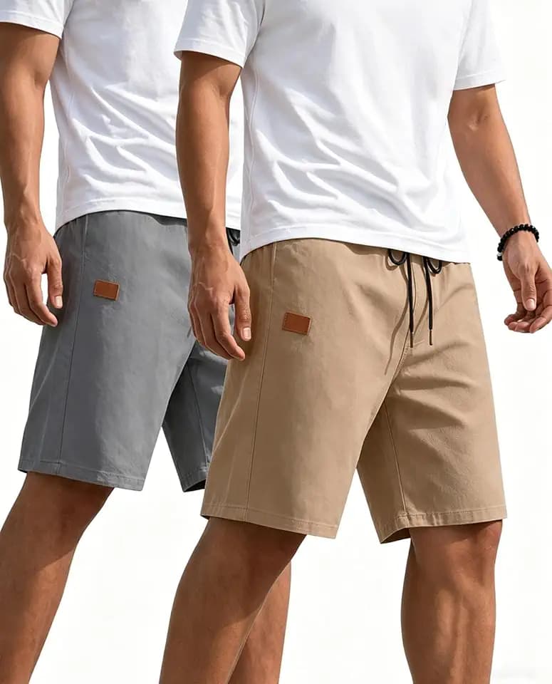 Poplee Men's Casual Shorts Cotton Stretch Chino Twill Drawstring 7" Pockets