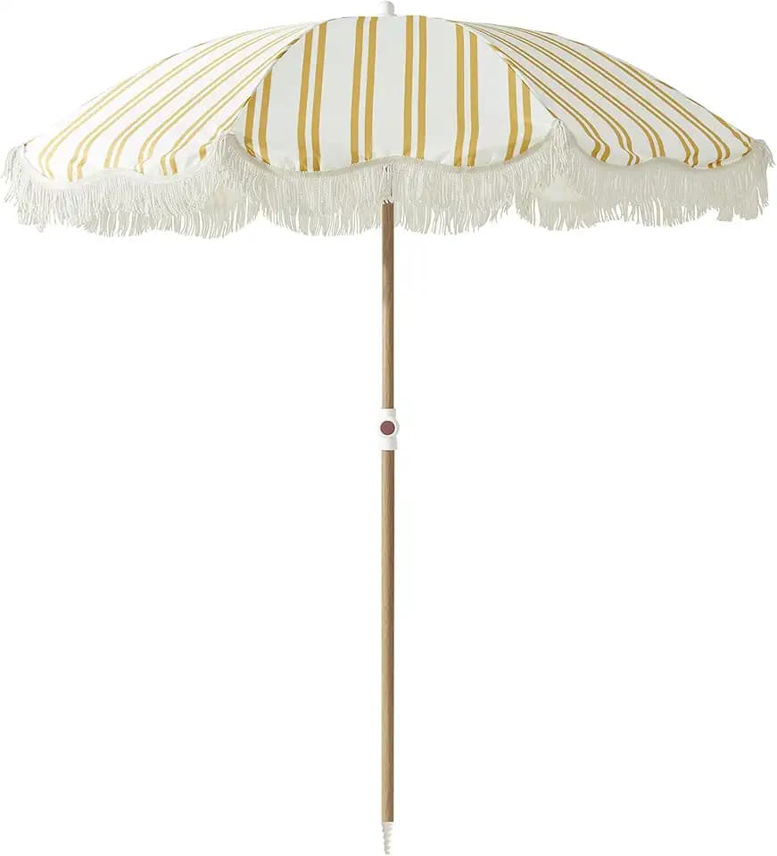 6FT Striped Fringe Beach Umbrella, Sand Anchor, UPF 50+ Sun Shade