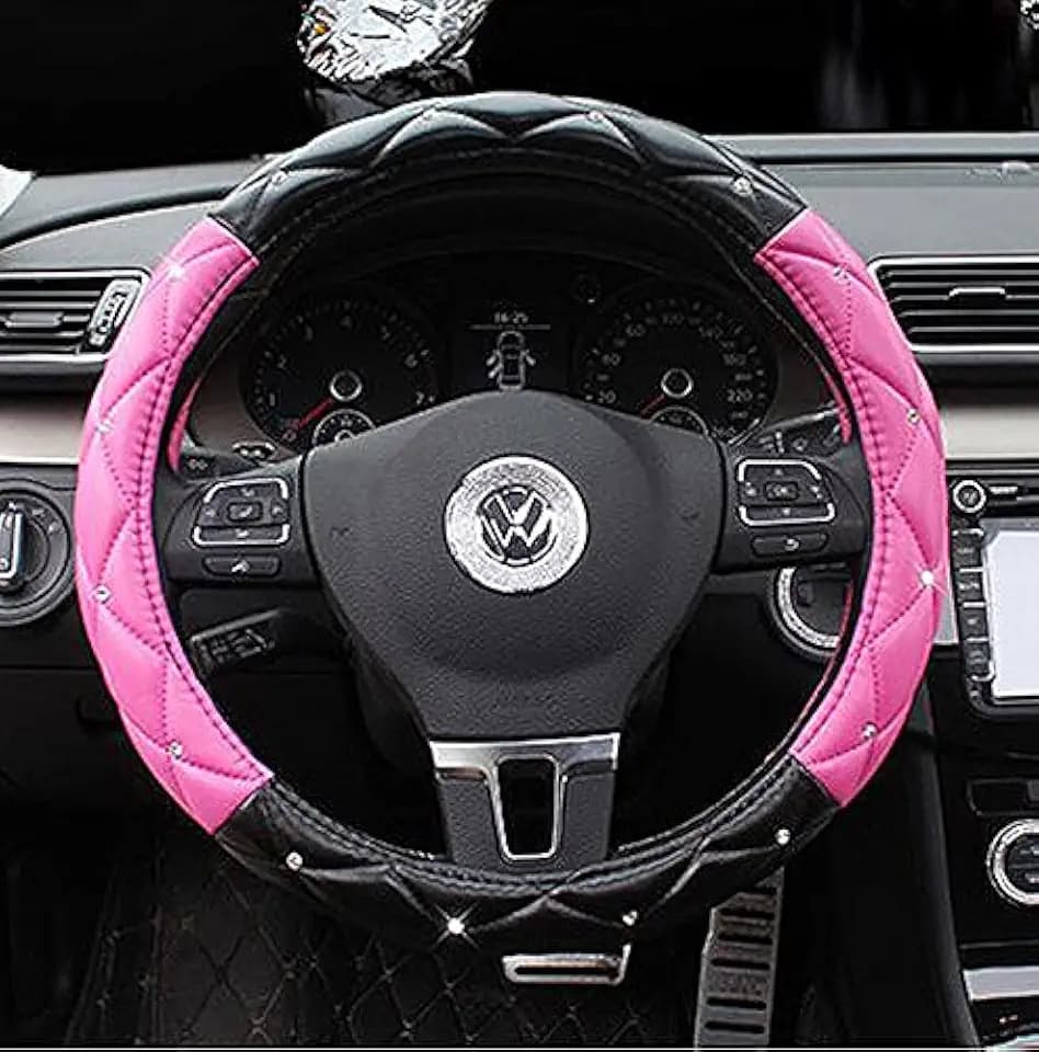 Comfort Leather Auto Car Steering Wheel Cover,Anti Slip Universal 15 Inch,Black&Pink
