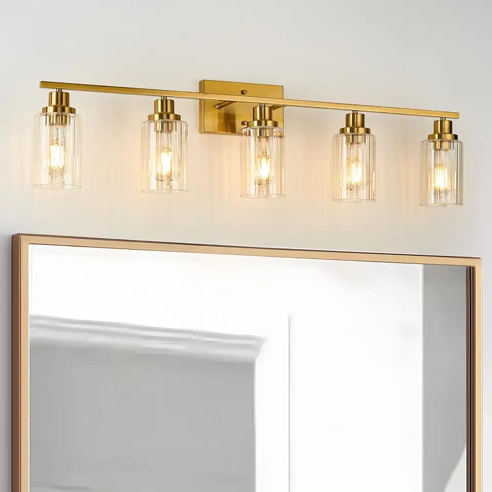 Jonsi Gold 5-Light Bathroom Vanity Light with Glass Shade, Modern Gold Bathroom Lights Over Mirror, W 40.2 x H 10.7 inches
