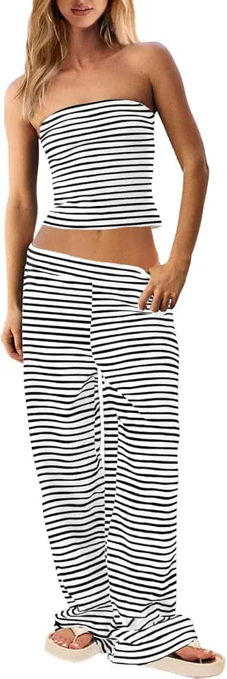 UNIANKIYA Womens Two Piece Striped Lounge Set Strapless Tube Top and Pant Matching Set Summer Beach Vacation Outfits Y2K 2026
