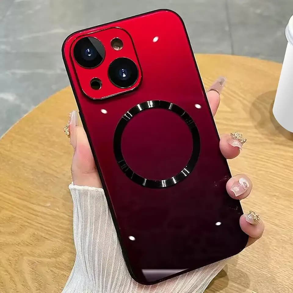 Guppy Compatible with iPhone 15 Plus Case Magnetic, with Full Camera Lens Protector [Compatible with MagSafe] Scratch Resistant Gradient Glass Back Cover Phone Case-Red