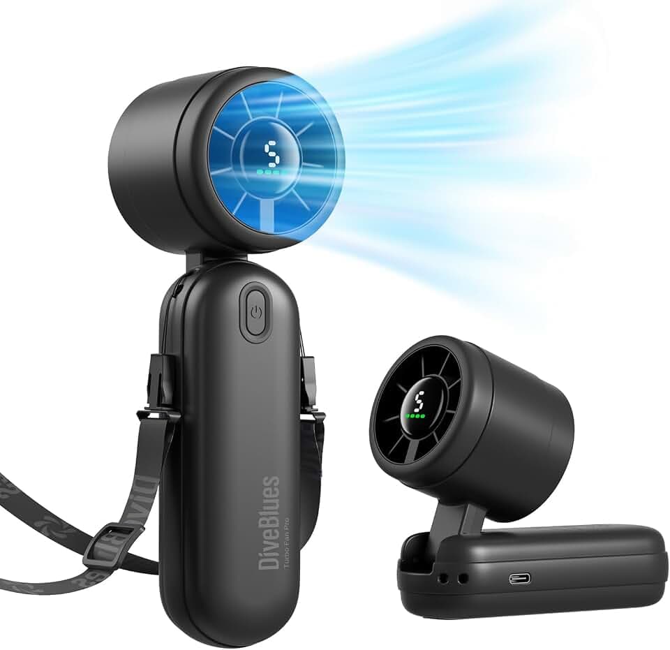 Diveblues 3-in-1 Handventilator Turbo Ventilator mit 4000mAh USB-Akku Aufladbar, 5 Stufen, Faltbar Tragbar Hand Ventilatoren, Bis zu 12H Stunden, Reise Gadgets Flugzeug, Geschenke für Frauen Männer