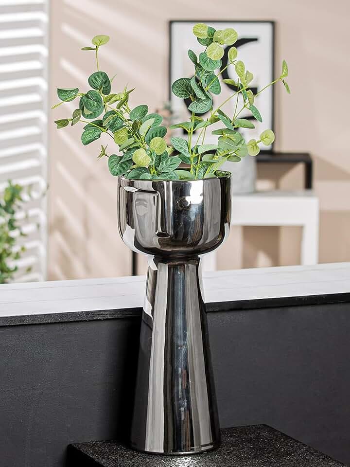 GILDE Dekovase Gesichtsvase - Blumenvase Vase groß aus Keramk Silber glasiert - Deko Wohnzimmer Geschenk Geburtstagsgeschenk - Farbe: Silber Höhe 45,5 cm