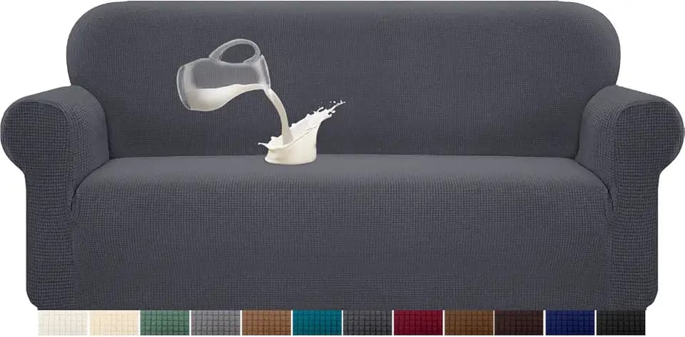 Granbest Stretch Wasserdicht Sofabezug 1 Stück Sofahusse Spandex Jacquard Elastische Couchbezug mit Anti-Rutsch-Schaumstoffe (3 Sitzer, Grau)