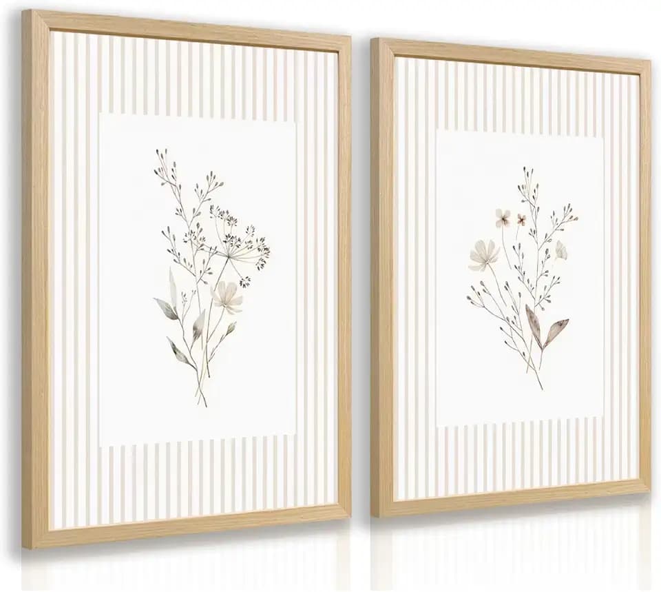 Msziryn Wood Framed Neutral Botanical Wall Art Set of 2, Beige Stripe Floral Poster Print, Minimalist Wildflower Bathroom Decor, Soft Cottagecore Farmhouse Artwork for Living Room Bedroom 12x16 Inch