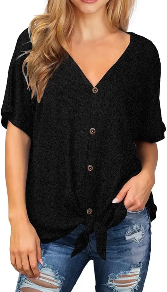 IWOLLENCE Women's Waffle Knit Tunic Blouse Tie Knot Short Sleeve Henley Tops Loose Fitting Bat Wing Shirts