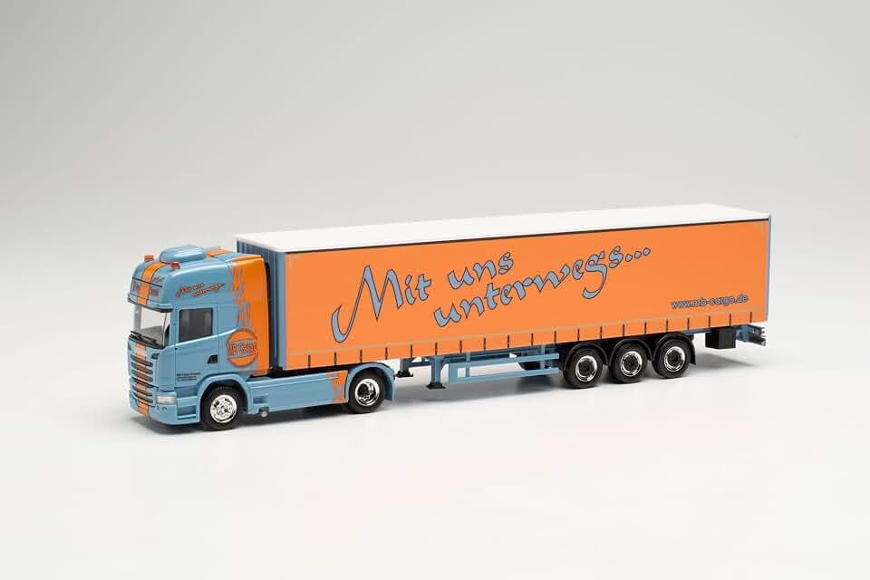 Herpa 314800 Scania R `13 TL Lowliner-Gardinenplanen-Sattelzug „MB Cargo Modell Auto, Miniaturmodelle, Kleinmodell, Sammlerstück, Detailgetreu, Mehrfarbig