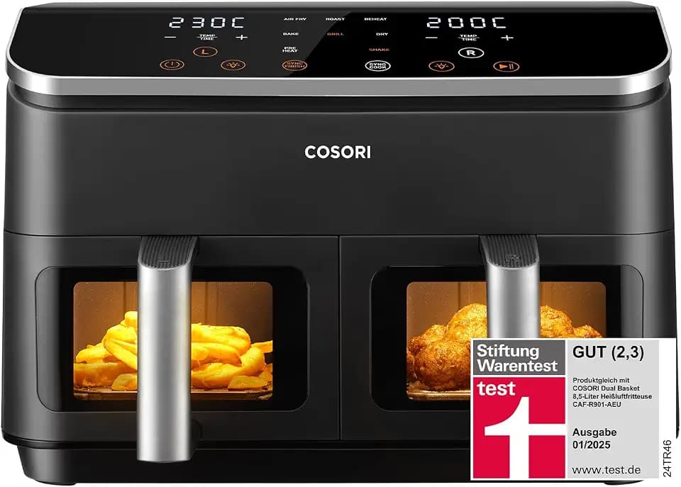 COSORI Airfryer, Testsieger der Stiftung Warentest, Heißluftfritteuse 2 Kammern, 8,5L Heissluftfritteuse mit Sichtfenster, Metall-Innenraum reduziert Kunststoffkontakt